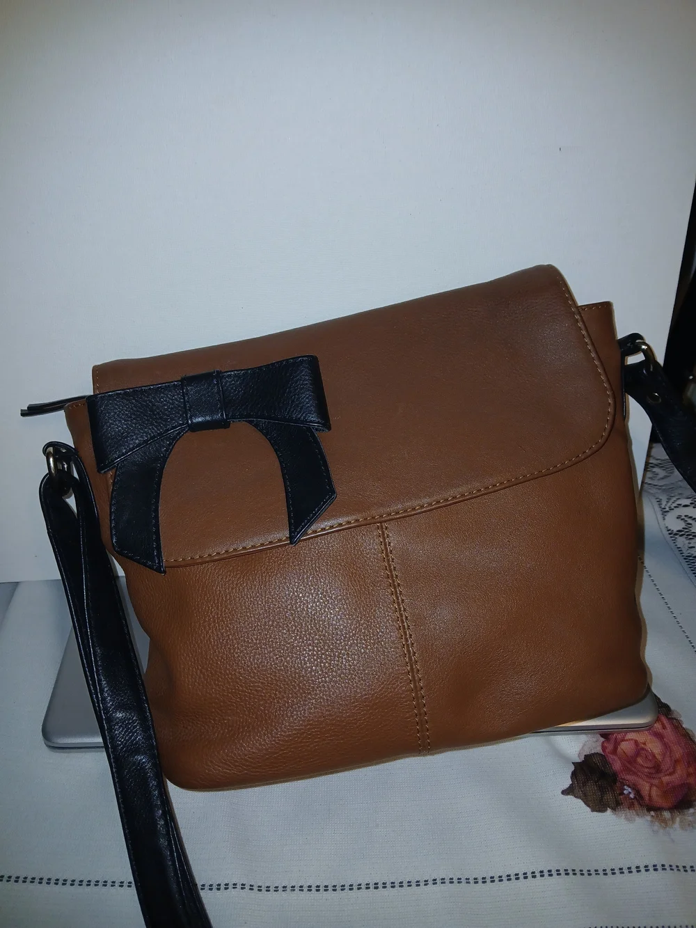 Brown Crossbody Bag with Black Bow Detail